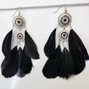 Boho Tribal Festival Feather Silver Tone earrings